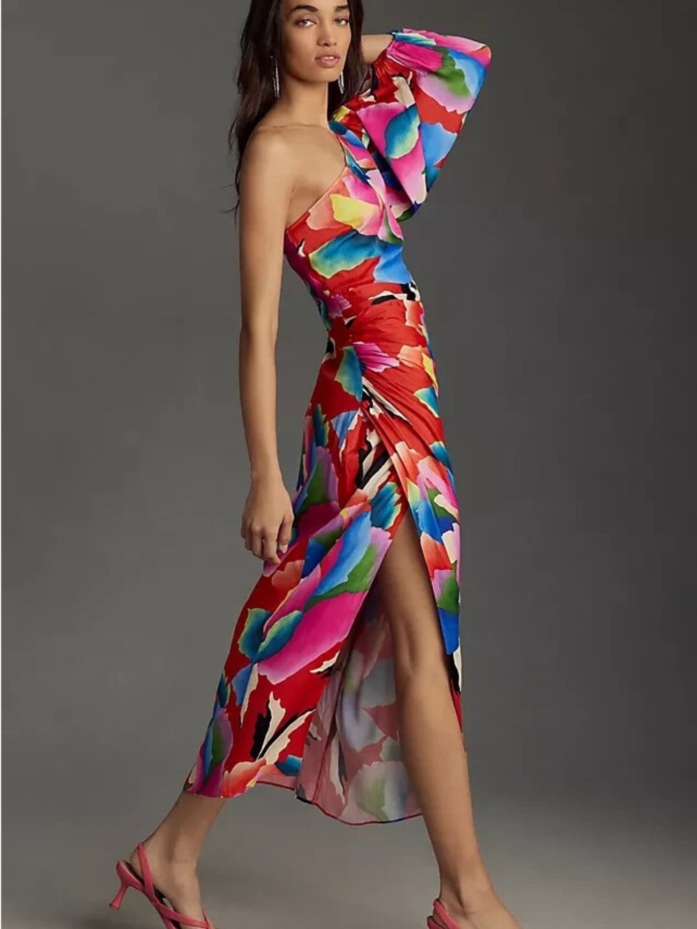 Beautiful Farm Rio Anthroplogie one Shoulder Floral Midi Dress with side detail